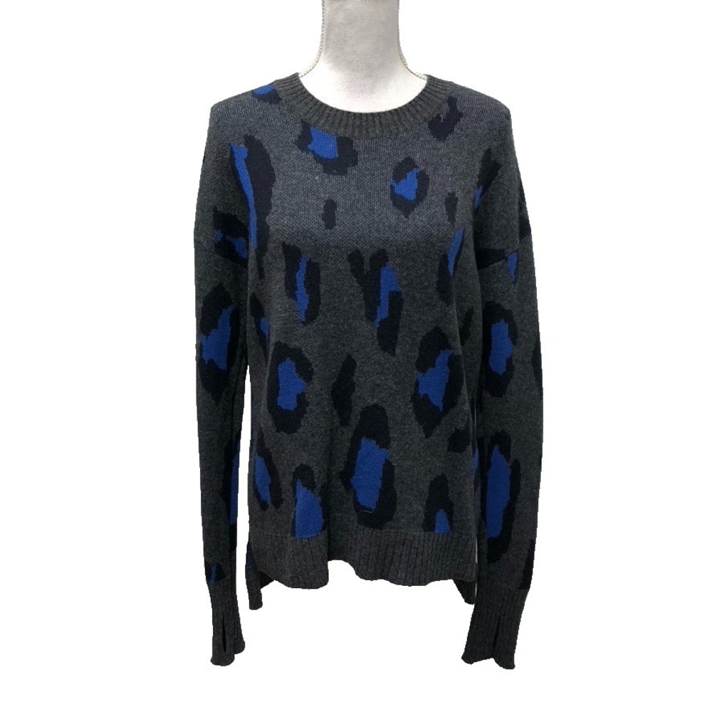 Athleta Wool Cashmere Sweater Jumper Womens Medium Gray Blue Leopard Print Cozy